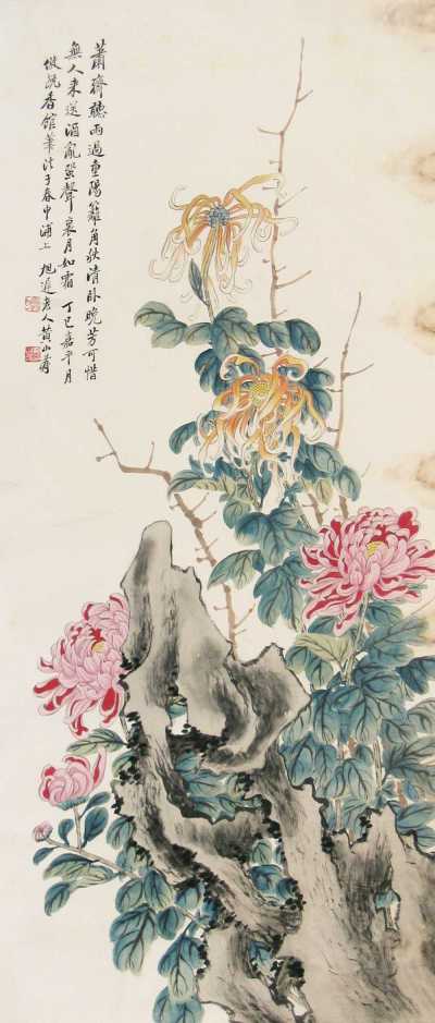 黄山寿 丁巳（1917年）作 菊石 立轴